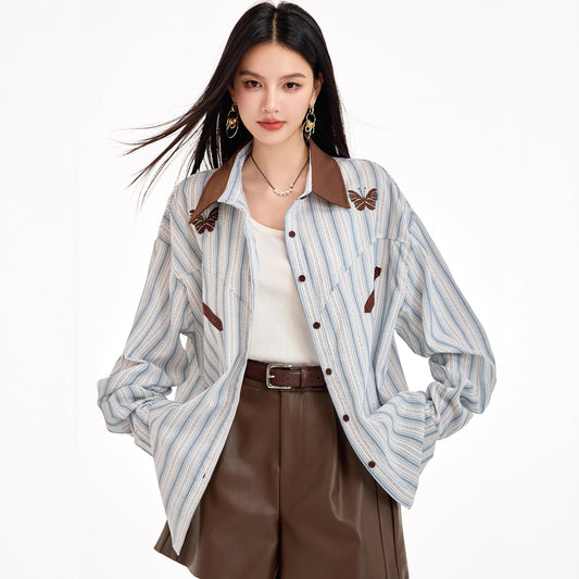 Retro Stripe Spliced Shirt for Women, Autumn Design Sense, Unique Layered Blouse, College Style, Long Sleeve Top